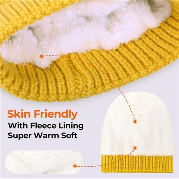 WOMEN'S Winter Soft Knit Beanie Hat with Faux Fur Pom Pom Warm, Yellow - Picture 2 of 6